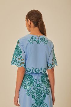 Light Blue And Green Graphic Richelieu Crop Top – FARM Rio Richelieu Embroidery, Top Farm, Light Blue Fabric, Velvet Heart, Jumpsuits And Romper, Woven Top, Vibrant Green, Farm Rio, Flat Iron