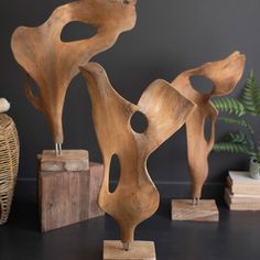 three wooden sculptures sitting next to each other on top of a black table with a plant in the background