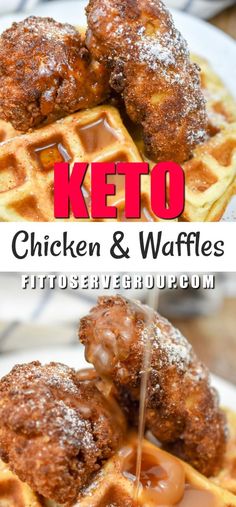 chicken and waffles on a plate with ketchup being drizzled over them