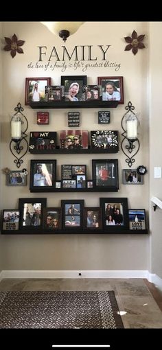 the family wall is filled with pictures and frames