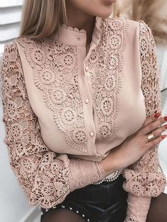 kkboxly Women's Blouse Lace Crochet Lapel Button Flare Sleeve Elegant – Kkboxly™ Elegant Luxury Blouse With Lace Work, Luxury Elegant Blouse With Lace Work, Luxury Elegant Lace Work Blouse Piece, Luxury Lace Work Blouse Piece For Party, Blouse Lace, Lace Crochet, Lace Pattern, Lace Blouse, Mandarin Collar