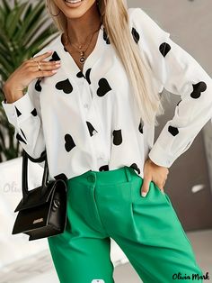 Olivia Mark - Womens Plus Size Heart Print V Neck Button Up Blouse - Stylish and Versatile Casual Wear Thailand Fashion, Button Up Long Sleeve, Button Up Blouse, V Neck Blouse, Casual Blouse, Plus Size Casual, Heart Print, Olivia Mark, Collar Styles