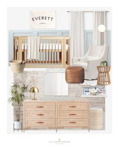 a baby's room with furniture and decor on the walls, including a crib