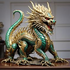 a green and gold dragon statue sitting on top of a wooden table