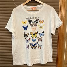 Nwt Rebellious One White T-Shirt With Butterflies Size M Multicolor Crew Neck Top With Butterfly Print, White Butterfly Print Summer Tops, White Butterfly Print Top For Summer, White Butterfly Print Tops For Summer, Cute Butterfly Print T-shirt For Spring, Cotton Multicolor Tops With Butterfly Print, White Cotton Top With Butterfly Print, Trendy White T-shirt With Butterfly Print, Short Sleeve Cotton Tops With Butterfly Print