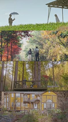 three different views of people standing on top of trees and in front of a house