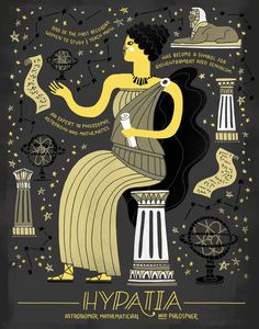 a poster with the words hypatia written in gold and black on it