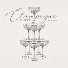 champagne glasses are stacked on top of each other with the words champagne tower above them