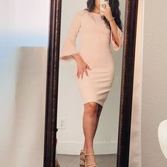 Light Blush/ Pink , Calvin Klein Dress, Size 12, Flute Sleeves. Never Worn! Perfect For A Wedding Or Formal Event Flute Sleeve, Pink Calvin Klein, White Short Sleeve Dress, Light Blush Pink, Structured Dress, Womens Sheath Dress, Black Dress Formal, Rockabilly Dress, Sweater Dress Midi