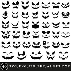 halloween pumpkins and jack - o'lantern faces with different expressions, black on white