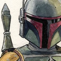 a watercolor painting of a boba fett helmet