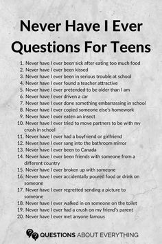 a poster with the words never have i ever questions for teens written in black and white