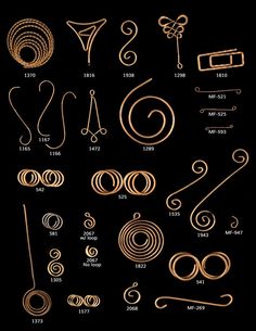 an image of different types of jewelry in gold on black background, including earrings and necklaces