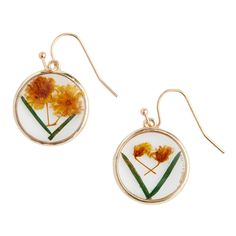 -A fresh finish to your everyday look, our exclusive drop earrings are made with an array of natural yellow dried and pressed flowers set inside clear epoxy. Finished with gold settings, they make a one-of-a-kind adornment or a cheerful gift with subtle, special variation in each tiny flower.  Color:Yellow > Gold. Also could be used for jewelry,accessories,dangle earrings. By Cost Plus World Market.622020 Gold Drop Earrings With Pressed Flowers, Botanical Gold Earrings With Pressed Flowers, Gold Botanical Earrings With Pressed Flowers, Hypoallergenic Yellow Drop Flower Earrings, Nature-inspired Gold Earrings With Pressed Flowers, Nature-inspired Gold Flower Earrings With Pressed Flowers, Dainty Flower-shaped Earrings With Pressed Flowers, Nature-inspired Round Pressed Flowers Earrings, Yellow Pressed Flowers Jewelry