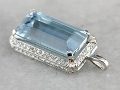 Aquamarine is a popular stone for its beautiful, watercolor hue. This emerald cut gem is an icy, sky blue with hints of deeper greens within its depths! The surrounding diamonds bring plenty of light into this simple, easy to wear, etched platinum pendant. This pendant does not come with the chain shown. Please feel free to contact us, we will help you find the perfect chain for your style and budget! Metal: Platinum Gem: Aquamarine 3.83 Carats Gem Measurements: 19.7 x 9.9 mm, Emerald Cut Accent Mafia Princess, Platinum Pendant, Princess Jewelry, March Birthstone, Beautiful Watercolor, March Birth Stone, Everyday Jewelry, Deep Green, Eternity Bands