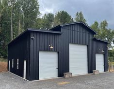 two garages with doors open in front of trees