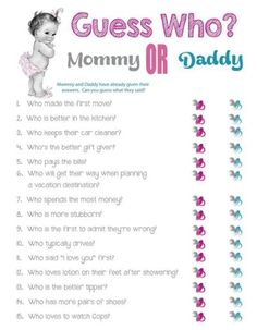 the guess who mommy or daddy worksheet is shown in pink and blue colors