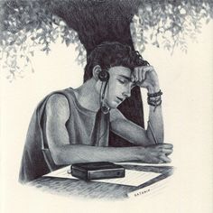 a drawing of a woman sitting at a table with her head in her hands and looking down