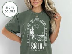 You will love this vintage Christian shirt for women. It is based off of the 23rd Psalm. These unisex Comfort Colors Tees are both comfy and cute. Comfort Colors T shirt Details: 100% ring-spun cotton Medium fabric (6.1 oz/yd² (206.8 g/m Relaxed fit Sewn-in twill label T shirt Care instructions: Machine wash: cold (max 30C or 90F); Do not bleach; Tumble dry: low heat; Iron, steam or dry: low heat; Do not dryclean. Sweatshirt Details: * 50% cotton, 50% polyester * Medium-heavy fabric (8.0 oz/yd² The 23rd Psalm, 23rd Psalm, Jesus Clothes, Christian Shirts Designs, Science Shirts, Jesus Tees, Hippie Shirt, Christian Designs, Women Of Faith