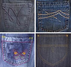 four pictures of different types of jeans with stitching on the back and side pockets