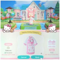 the hello kitty kimono is on display in front of a house and an image of a cat