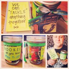 a collage of pictures with jars filled with food and notes on the inside, including a note that says we can't tackle anything together