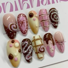 Brownie Nails, Neapolitan Nails, Pink And Brown Nails Design, Japanese Nail Designs Kawaii, Neopolitan Nails, Brown And Pink Nails, Chocolate Nail Art, Pink And Brown Nails, Cinnamon Nails