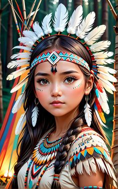 a native american girl with feathers on her head and chest, standing in front of trees