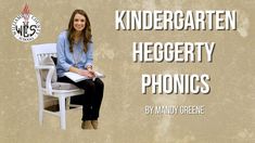 a woman sitting on top of a white chair next to a sign that reads, kindergartn hegety phonics