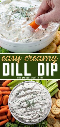 dip in a bowl with carrots, celery and crackers on the side