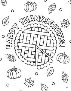 a happy thanksgiving coloring page with pumpkins, leaves and other things in the background