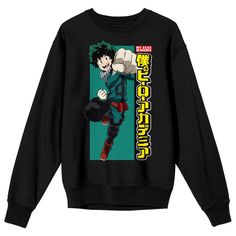 Elevate your anime style with this black My Hero Academia crew neck long sleeve sweatshirt featuring an iconic image of Deku against a vibrant green backdrop, complemented by bold yellow kanji letters. Made from a comfortable blend of 50% cotton and 50% polyester, this officially licensed sweatshirt brings your favorite hero to life. For effortless care, machine wash this sweatshirt on cold with like colors and tumble dry on low heat. My Hero Academia Deku, Pacsun Mens, Green Backdrops, My Hero, Long Sleeve Sweatshirts, Anime Style, Pacsun, Hero Academia, My Hero Academia