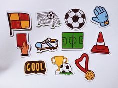 several stickers depicting different sports related items on a white surface, including gloves and soccer balls