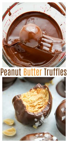 peanut butter truffles with chocolate in the middle, and one being dipped with caramel