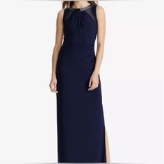 Item In Good Condition. Color Is Navy Blue. Beautiful Beading And Features Side Ruching Detail For An Elegant Touch. Elegant Ralph Lauren Evening Maxi Dress, Elegant Ralph Lauren Maxi Dress, Ralph Lauren Sleeveless Formal Dress, Elegant Ralph Lauren Wedding Dress, Ralph Lauren Sleeveless Evening Dress, Elegant Blue Ralph Lauren Dress, Ralph Lauren Black Label, Floral Gown, Bow Detail Dress