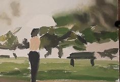 a painting of a person standing in front of a tree and bench on a cloudy day