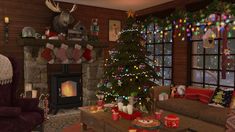 a living room filled with furniture and a christmas tree in front of a fire place