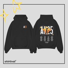 black hoodie with an image of the artist's name and date on it