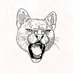 a black and white drawing of a cat's face with it's mouth open