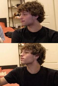 two pictures of a young man with curly hair and wearing a black t - shirt