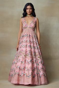 Flamingo pink can can attached gown featuring resham dabka embroidered floral and lotus motifs, highlighted by sequin bead embellishments. - Aza Fashions Fish Cut Gown, Fish Cut, Seema Gujral, Gown For Women, Gown Pattern, Long Frocks, Pink Gowns, Ladies Gown, Gowns Online