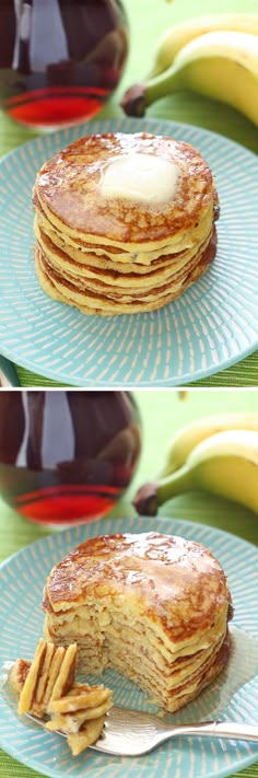 two pictures of pancakes with syrup and french fries