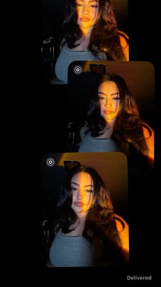 three different images of a woman with long hair and light on her face in the dark