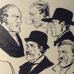 an ink drawing of men in suits and hats