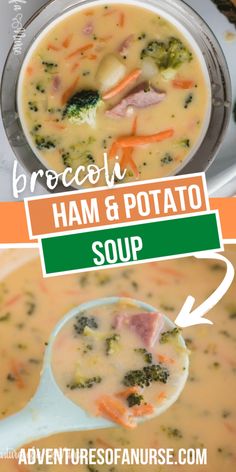 broccoli ham and potato soup in a bowl with a spoon on the side