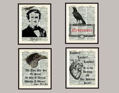 four framed pictures on an old book with the words harry potter, raven and heart