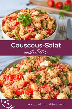 two bowls filled with couscous - salat and topped with fresh herbs