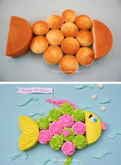 two pictures one with cupcakes and the other with cake decorations made to look like fish