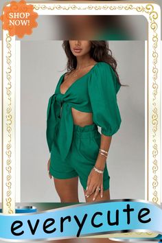 Green 100%rayon Tie Front Top and Shorts Set Casual V-neck Summer Set, Green Two-piece Bottoms For Summer, Summer Two-piece Set With V-neck Bottoms, Solid Color Short Sets For Spring, Solid Color Two-piece Summer Set, Solid Two-piece Summer Set, Green Linen Casual Sets, Casual Green Linen Set, Solid V-neck Summer Sets