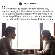 a man and woman sitting at a table in front of a window with the caption teal swan